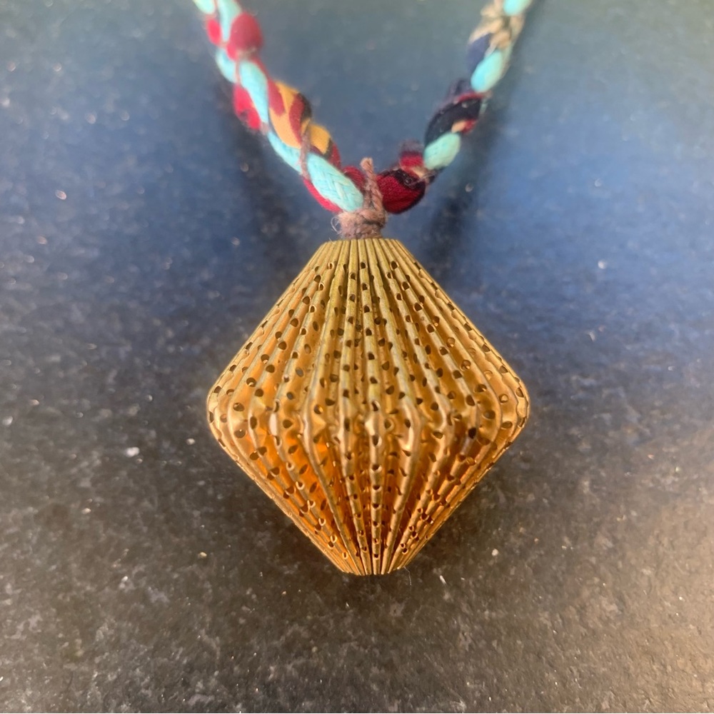 Wearable Art - Mid-century Bronze Orb pendant suspended from Silk Braid